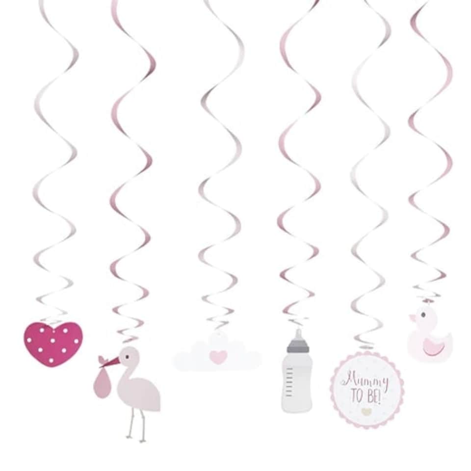 Pink Baby Shower Hanging Swirl Decorations - Pack of 6