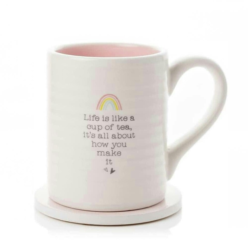 image 1 of Widdop Love Life Mug & Coaster Set - Life Is Like Tea | Pink | White | 2