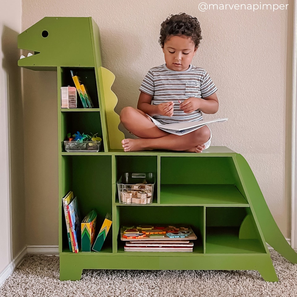 image 1 of Teamson Kids Wooden Dinosaur Shaped Kids Bookcase / Toy Organizer, Green