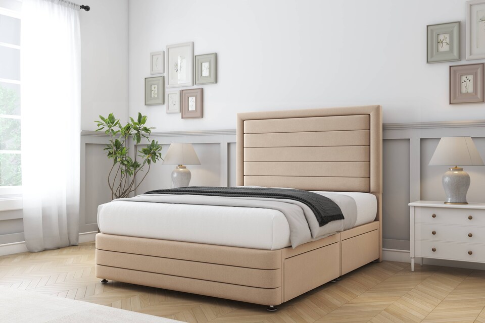 image 1 of Sloomy Ashford Pebble Plush Divan Bed Base 4 Drawers With 54 Inch Floor Standing Headboard & 12 Inch Matching Footboard | Brown | Pebble | King | 1