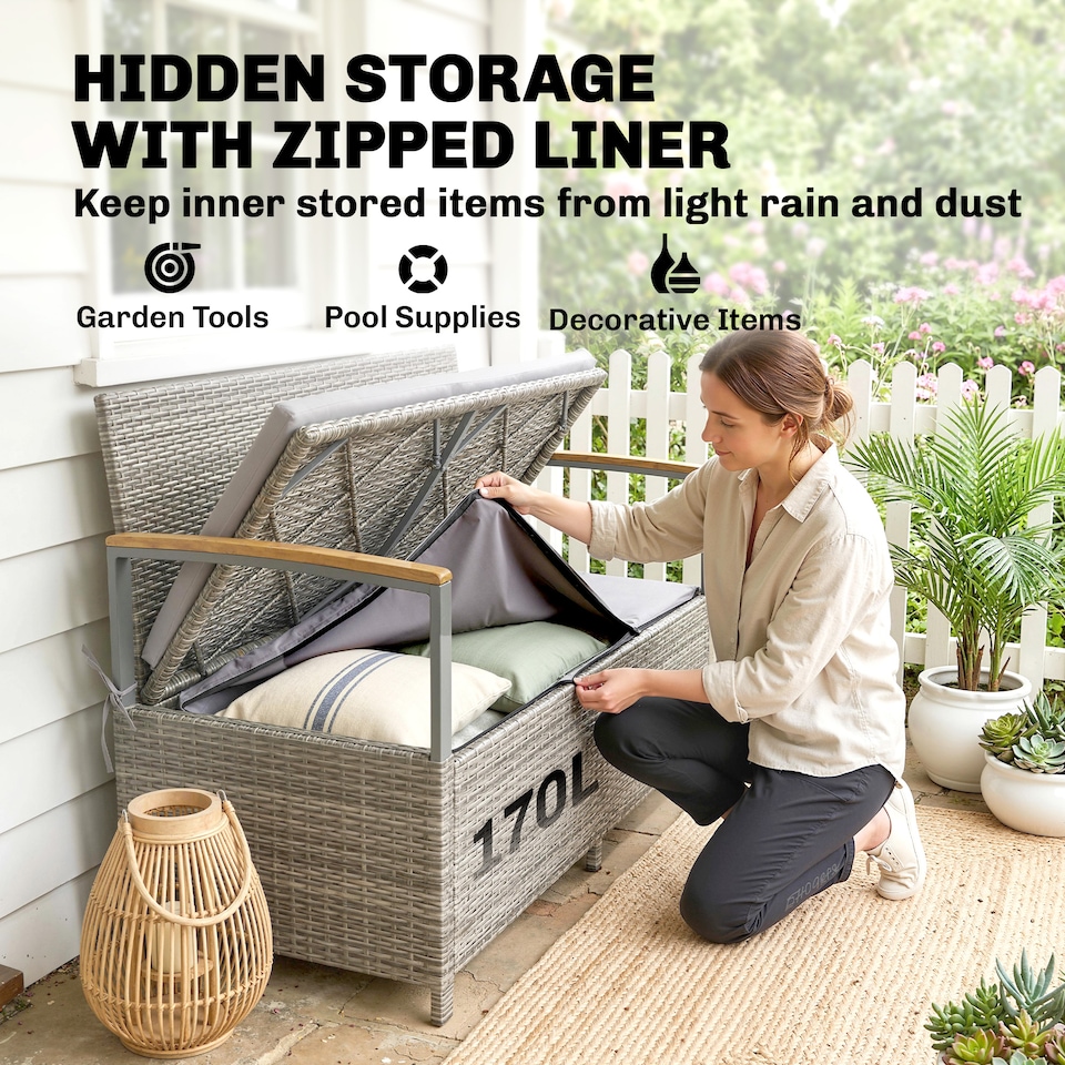 image 1 of Outsunny 170 L Rattan Garden Storage Bench with Cushion, Light Grey
