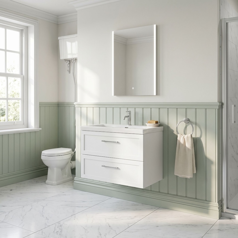 image 1 of Balterley Stonnall Traditional Wall Hung 2 Drawers Vanity Unit with 1 Tap Hole Fireclay Basin, 800mm, Matt White