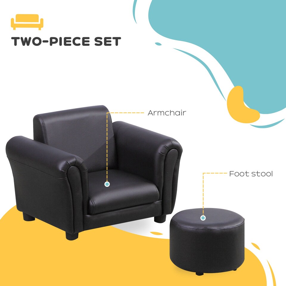 image 1 of HOMCOM Kids Sofa Set Toddler Chair Children Couch Seating Armchair w Footstool | Black | One Size