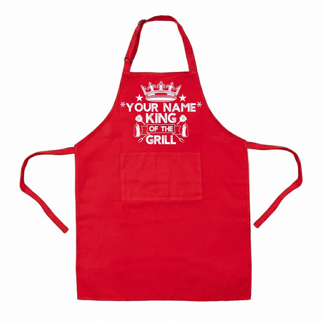 Personalised King of the Grill Red BBQ Apron - Custom Name and Crown - One Size