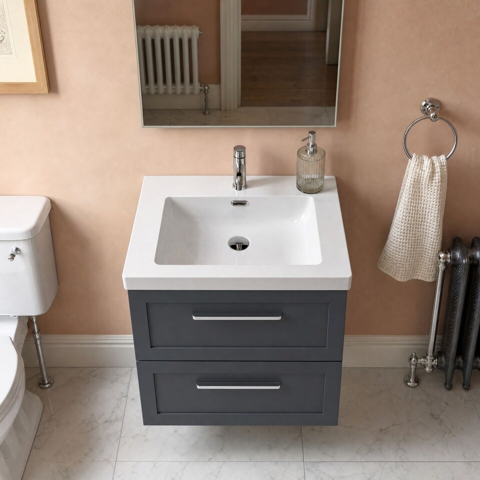 image 1 of Balterley Stonnall Traditional Wall Hung 2 Drawers Vanity Unit with 1 Tap Hole Fireclay Basin, 600mm, Dark Grey