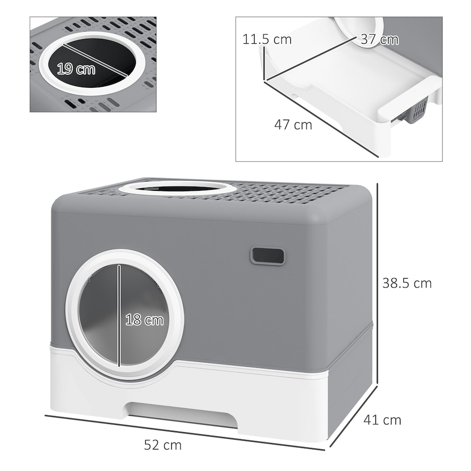 image 1 of PawHut Enclosed Cat Litter Tray with Lid, Front Entry, Top Exit, Scoop - Grey