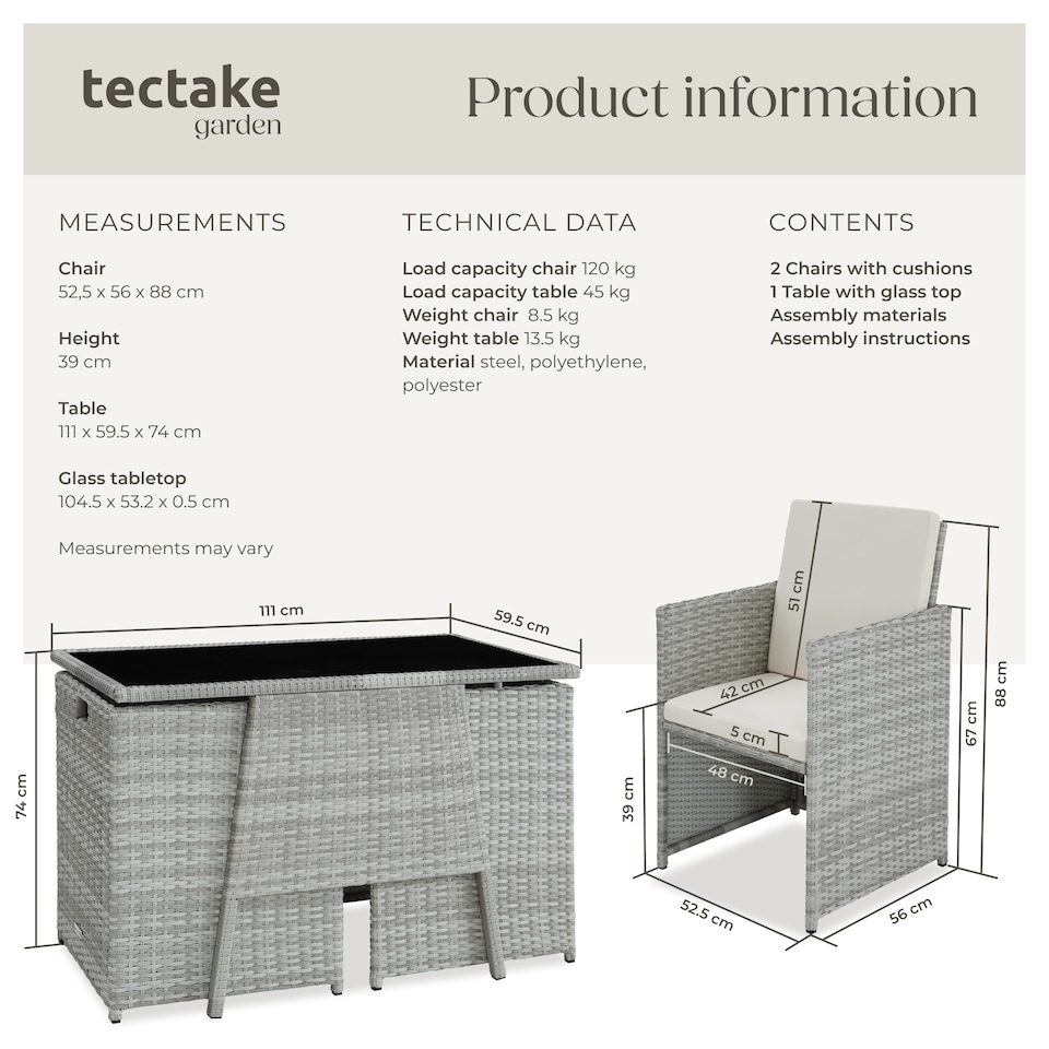 image 1 of Garden Furniture Set Lausanne - 2 chairs, 1 table, bistro set, weather resistant | Grey | light grey | 52,50 x 56 x 88 cm | 1