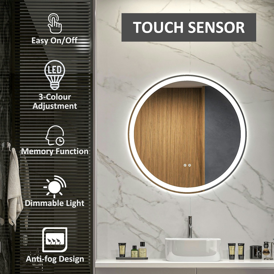 image 1 of kleankin Dimmable Bathroom Mirror with LED Lights, Defogging Film, Silver