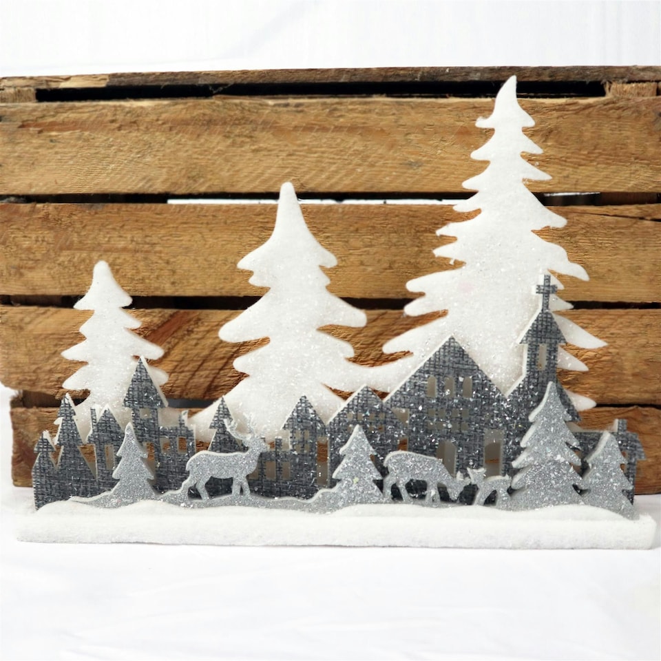 image 1 of Christmas Village Scene Winter Wonderland Glitter Foam Snow Covered Finish Table Decoration, Grey