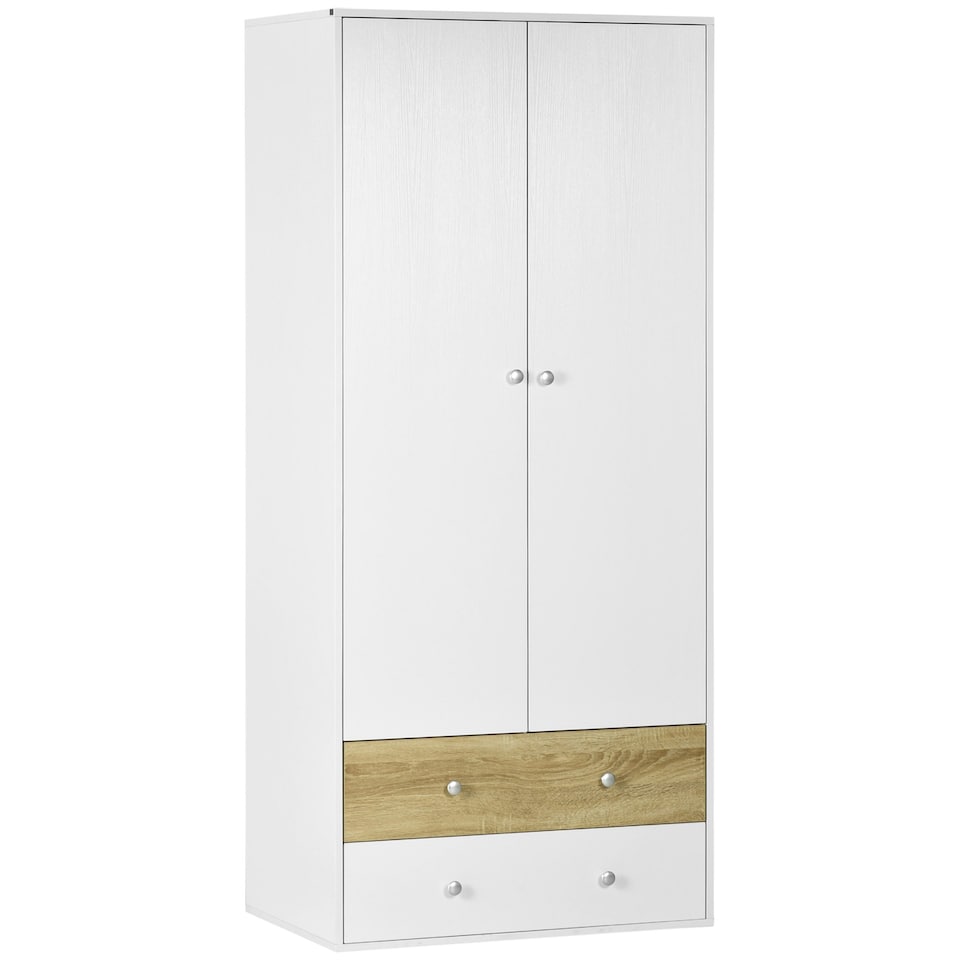 image 1 of HOMCOM 2 Door Wardrobe White Wardrobe with Drawers and Hanging Rod for Bedroom