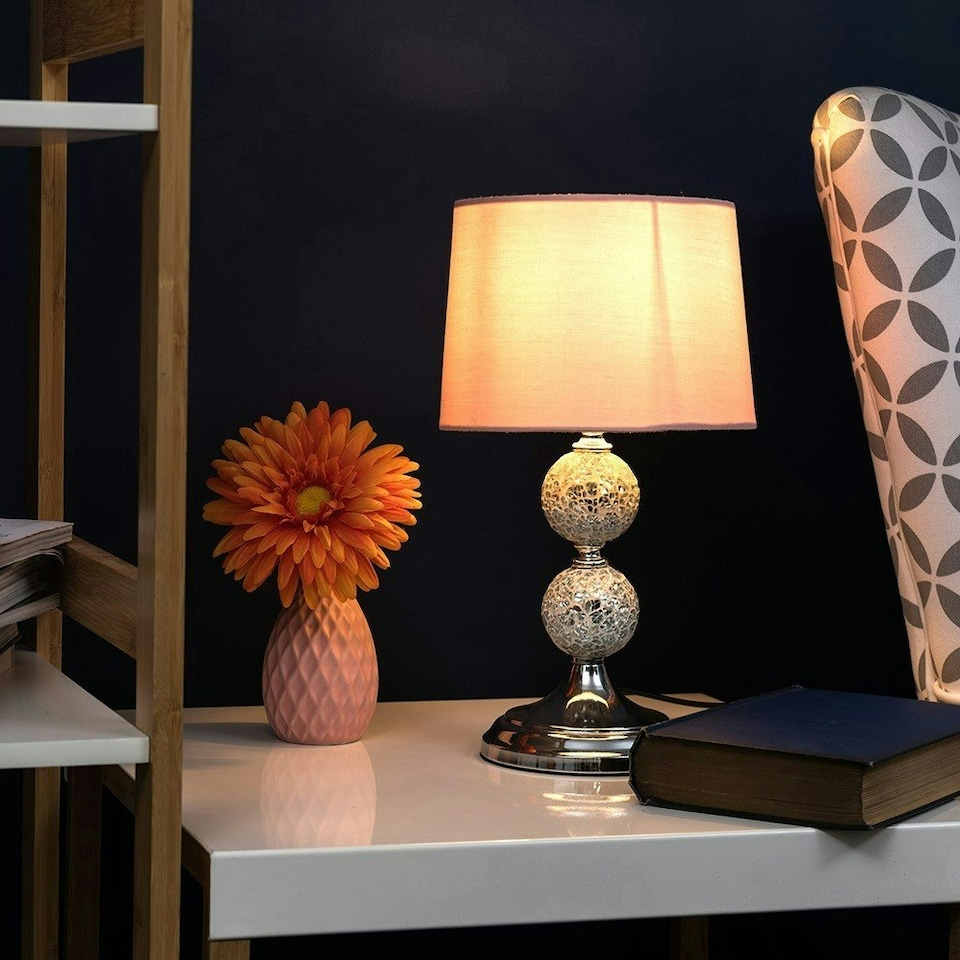 image 1 of ValueLights Pair of - Decorative Chrome & Mosaic Crackle Glass Table Lamps with a Pink Shade - Complete with 4w LED Bulbs 3000K Warm White