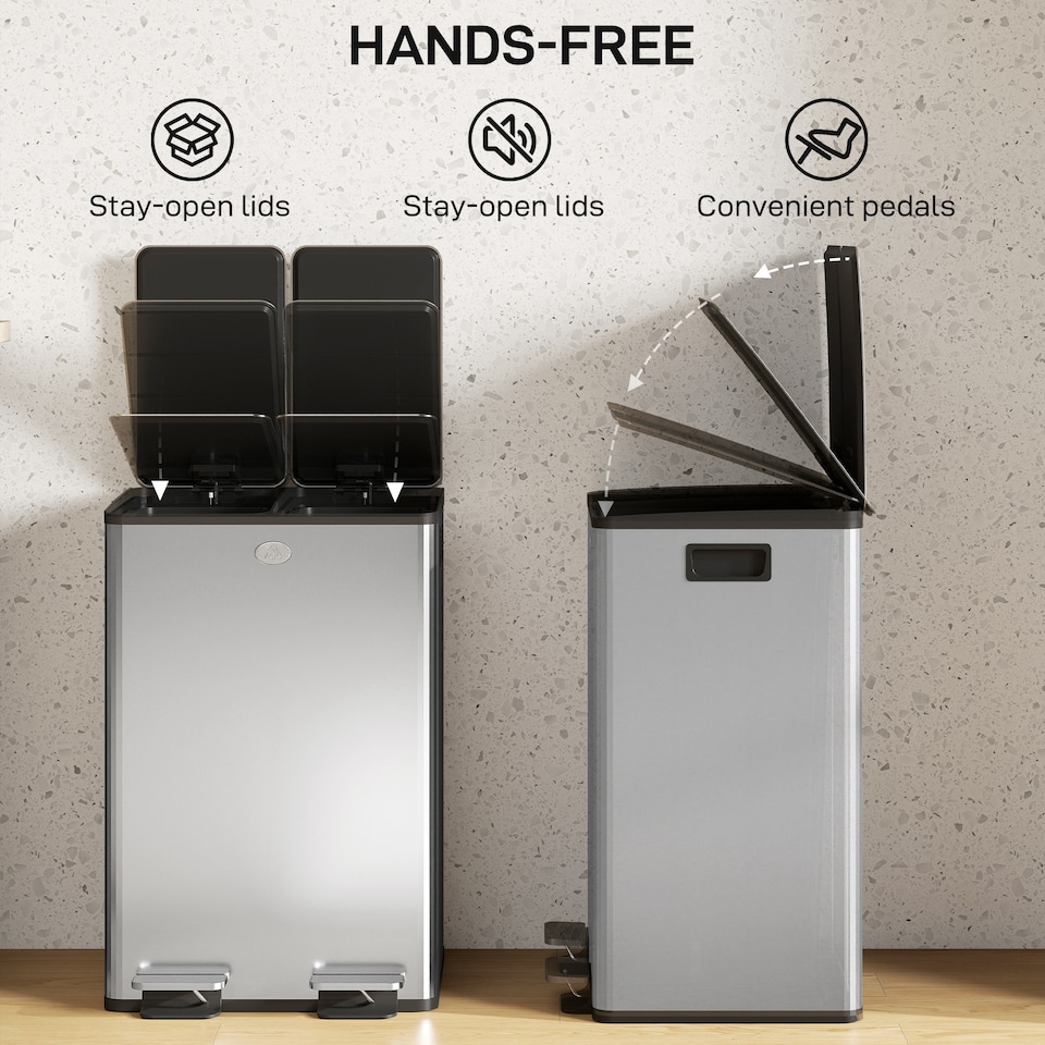 image 1 of HOMCOM 2 x 28L Dual Kitchen Bin Pedal Bin for Recycling and Waste, Silver