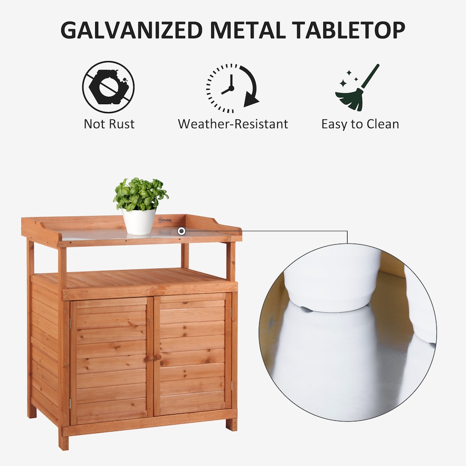 image 1 of Outsunny 2 In 1 Potting Bench Table w/ Storage Cabinet and Galvanized Table Top