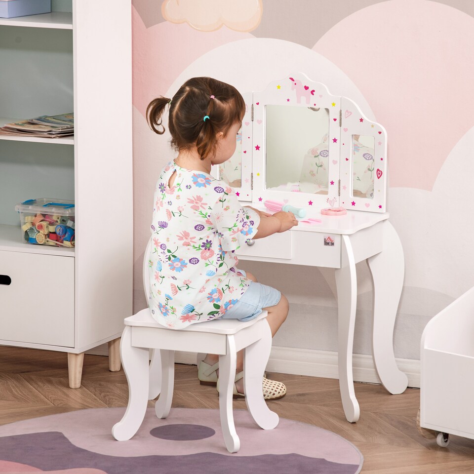 image 1 of HOMCOM Makeup Dressing Table Set with Tri-Folding Mirror and Drawer, White | White