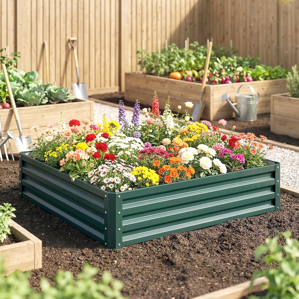 image 1 of Outsunny Raised Garden Bed Metal Patio Backyard Flower Vegetable Planter Green