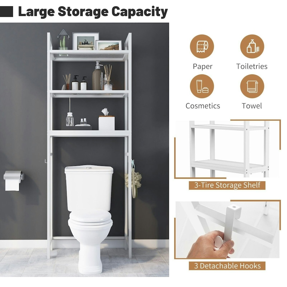 image 1 of COSTWAY 3-Tier Over-The-Toilet Storage Shelf Organizer White