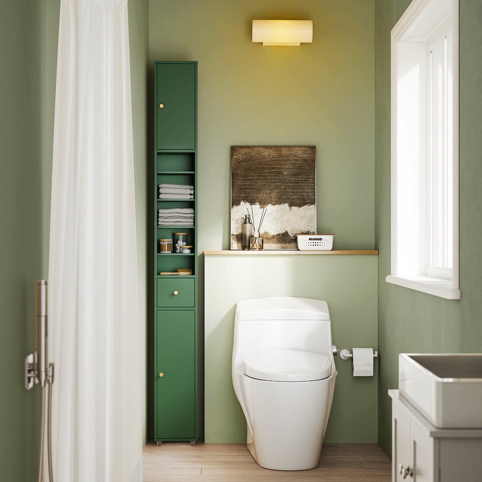 image 1 of SoBuy Tall Bathroom Storage Cabinet with Adjustable Shelves and Drawer, Dark Green, 7.9x7.9x70.9 in, 13.4 kg - BZR34-II-SY