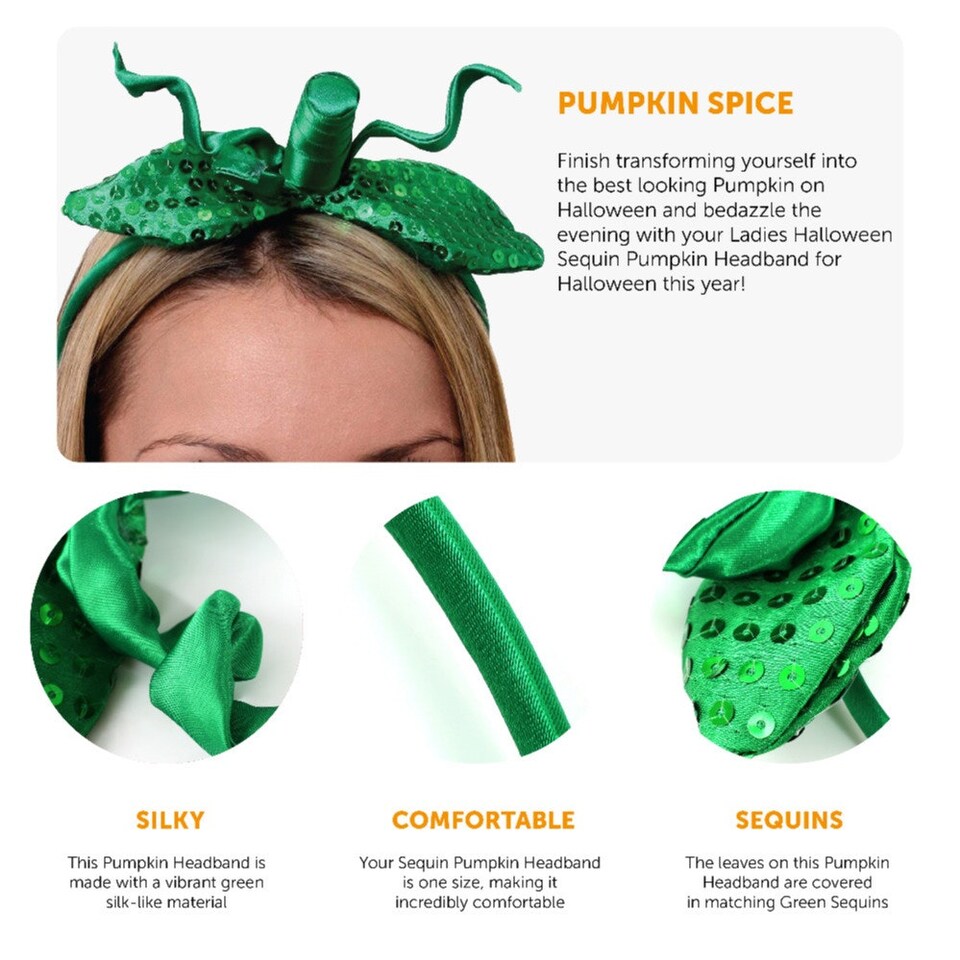 image 1 of Pack of 1 Sequin Pumpkin Headband Green | One Size