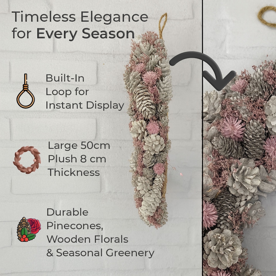 image 1 of Neo Luxury Extra Large Frosted Pinecone Winter Wreath 50cm Home Artificial Christmas Festive Front Door Decoration | Grey | Pink Grey