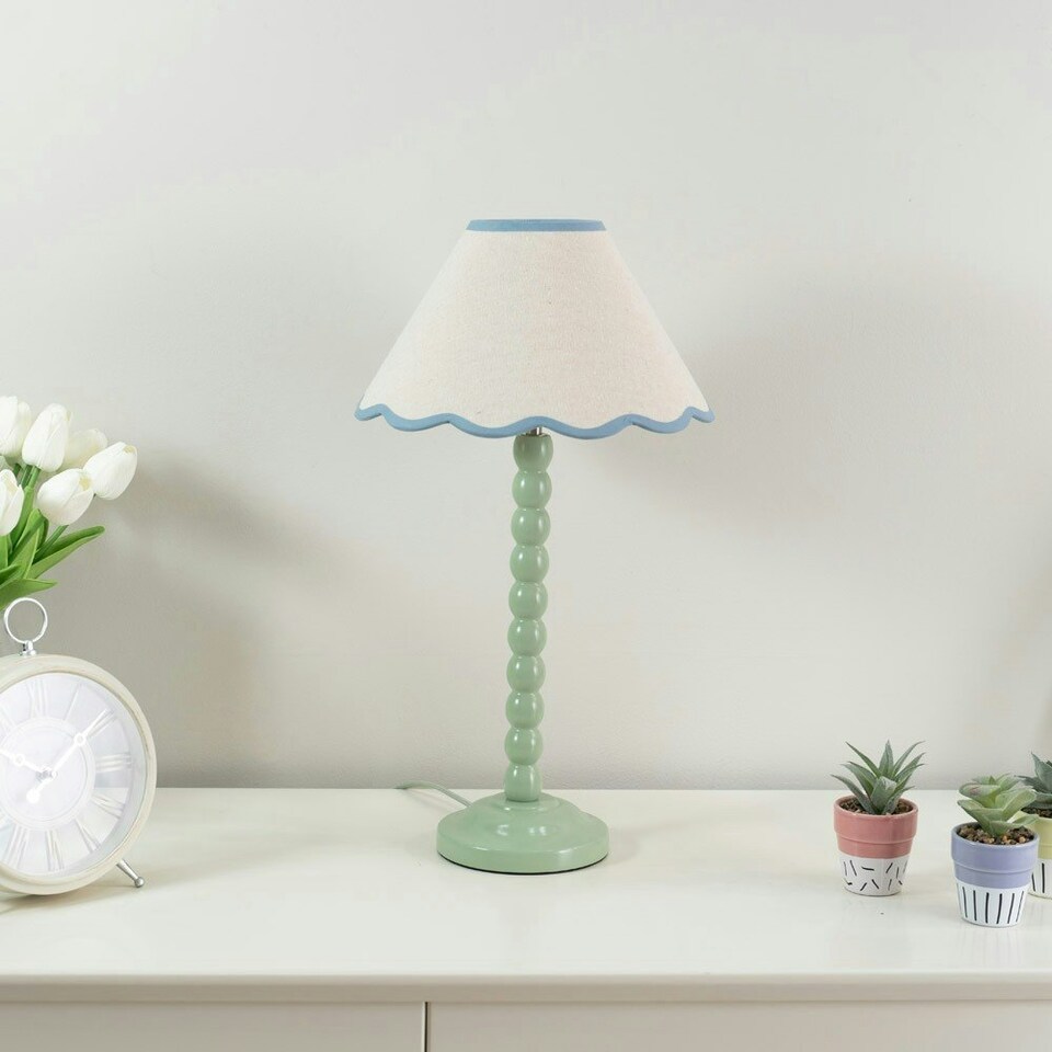 image 1 of ValueLights Bobbles Sage Green Bobbin Table Lamp with Blue Trim Scallop Shade & LED Bulb