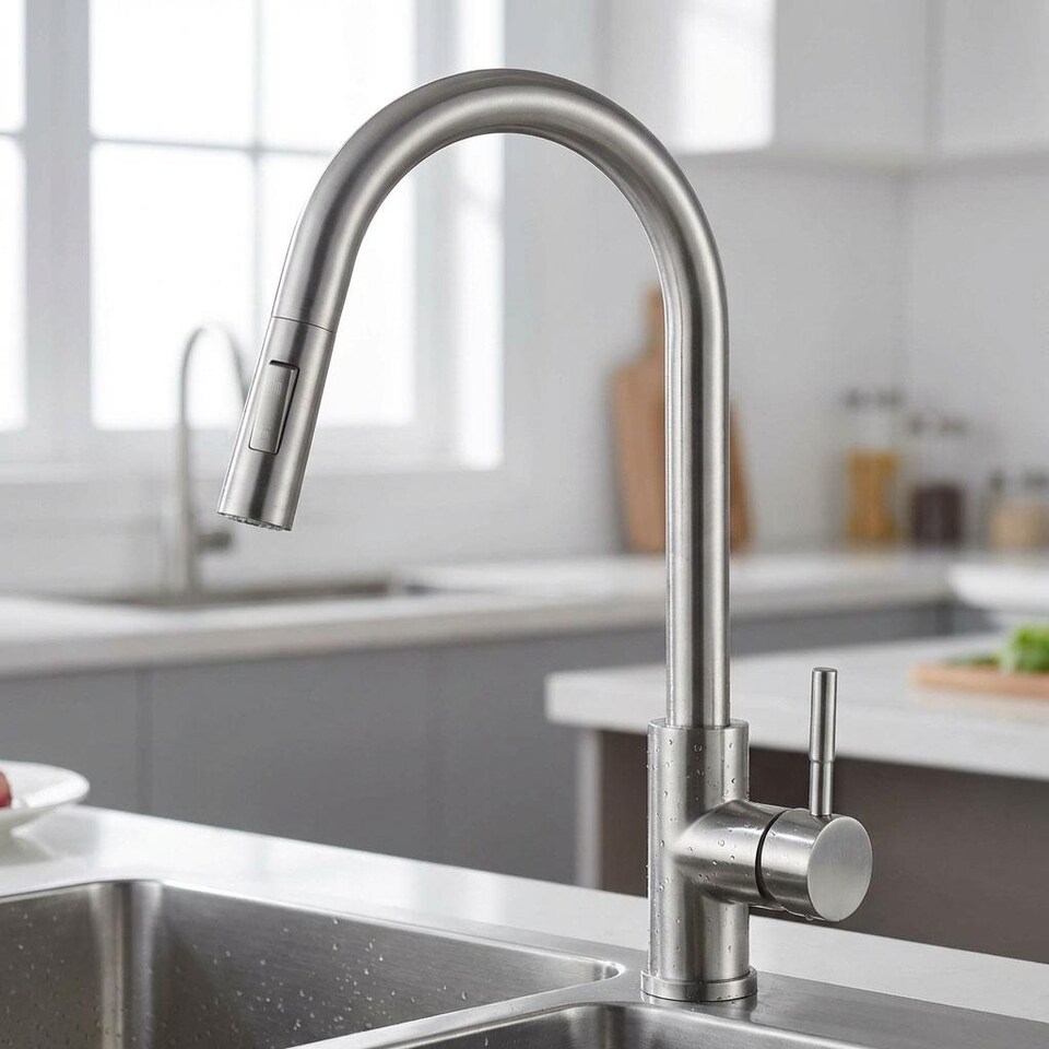 image 1 of Kitchen Sink Mixer Tap Pull Out Brushed Steel Swan Swivel 2 Spray Mode