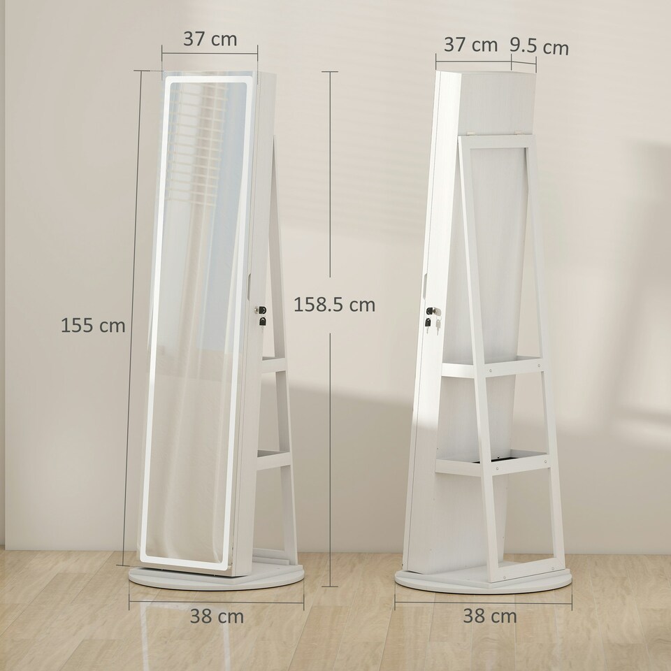 image 1 of HOMCOM 360° Swivel Jewellery Cabinet, Full Length Mirror with Storage, White White | Black interior lining