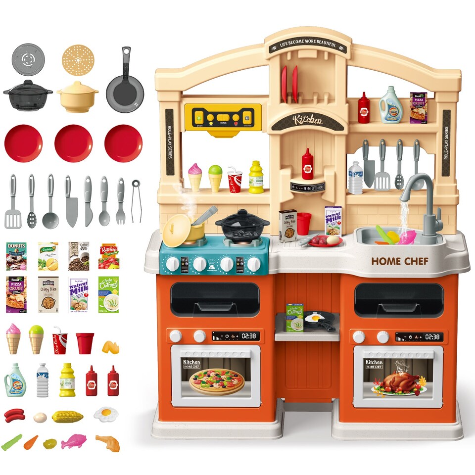 image 1 of Kids Kitchen Playset with Sound Lights Steam Boil Effects Pretend Play Kitchen Set with Accessories