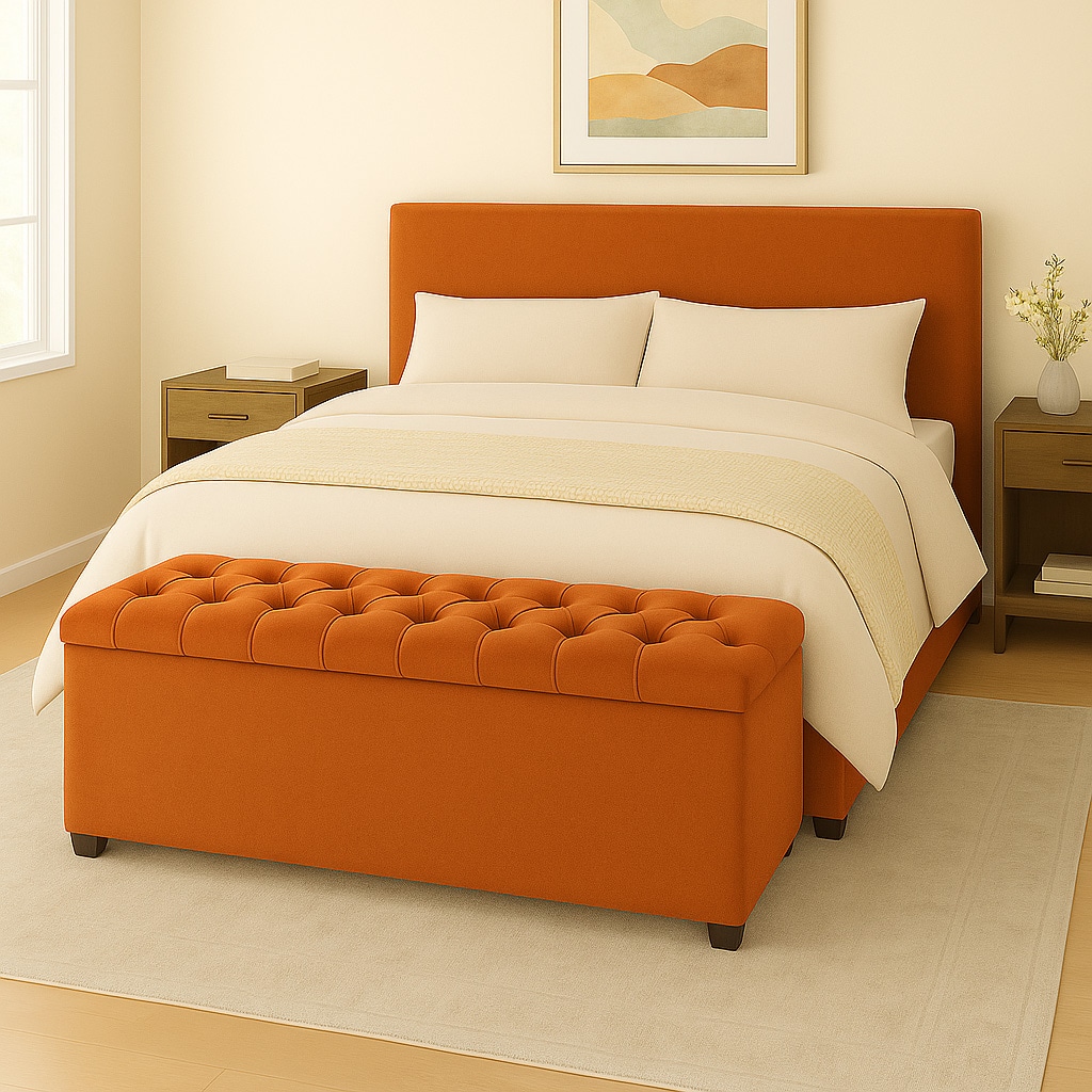 180cm Chesterfield Plush Velvet Burnt Orange Upholstered Storage Ottoman Bench - Deep Tufted Lid & Wooden Leg