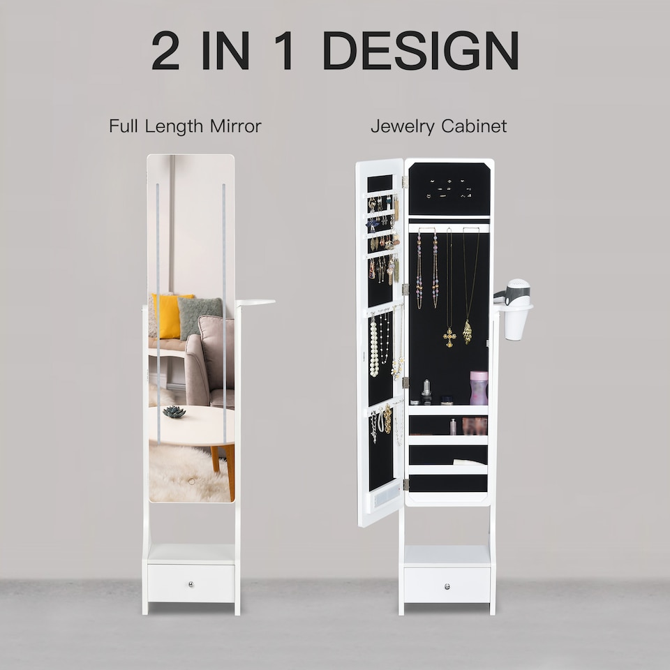 image 1 of HOMCOM Jewellery Cabinet, Full Length Mirror with Storage, Free Standing Mirror with LED Lights, Hooks, Drawer and Hairdryer Holder for Bedroom, White