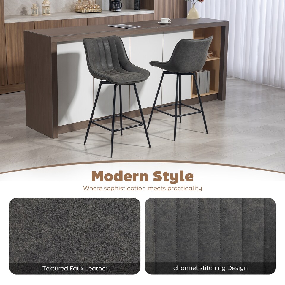 image 1 of HOMCOM Bar Stools Set of 2, PU Leather Upholstered Swivel Barstools, Breakfast Bar Chairs with Backrest and Footrest for Kitchen Island Counter, Dining Room, Grey | Grey | Grey