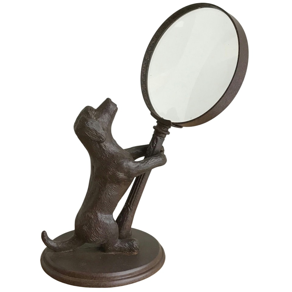 image 1 of Bronze Effect Dog Holding Magnifying Glass Figurine