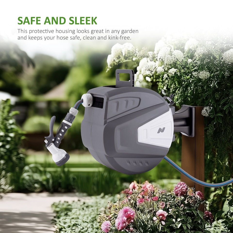 image 1 of NETTA Retractable Hose Reel with Auto Rewind, 180° Swivel and 9-Function Spray Gun