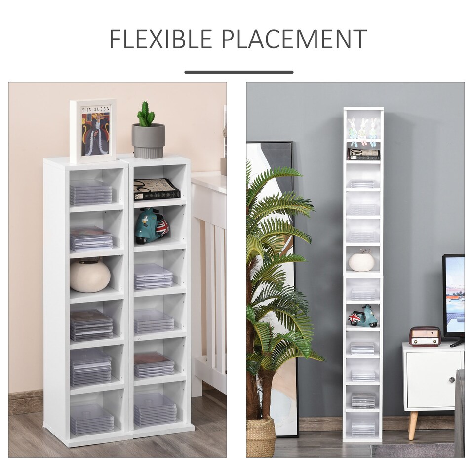 image 1 of HOMCOM 204 CD Media Display Shelf Unit Set of 2 Blu-Ray Tower Rack w  Adjustable Shelves Bookcase Storage Organiser, White