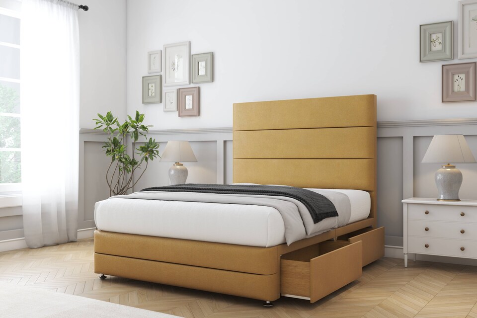 image 1 of Sloomy Monaco Mustard Plush Divan Bed Base 4 Drawers With 54 Inch Floor Standing Headboard & 12 Inch Matching Footboard | Gold | Mustard | King | 1