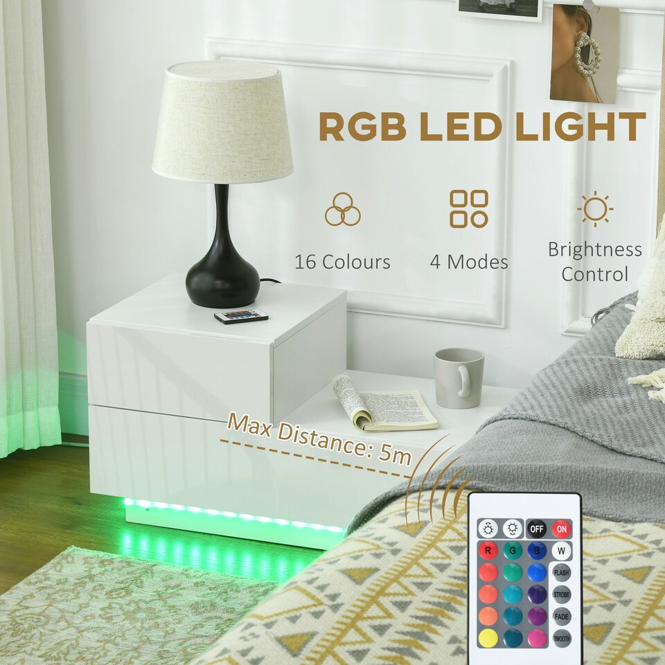 image 1 of HOMCOM High Gloss Front Bedside Table Nightstand with LED Light Remote Black