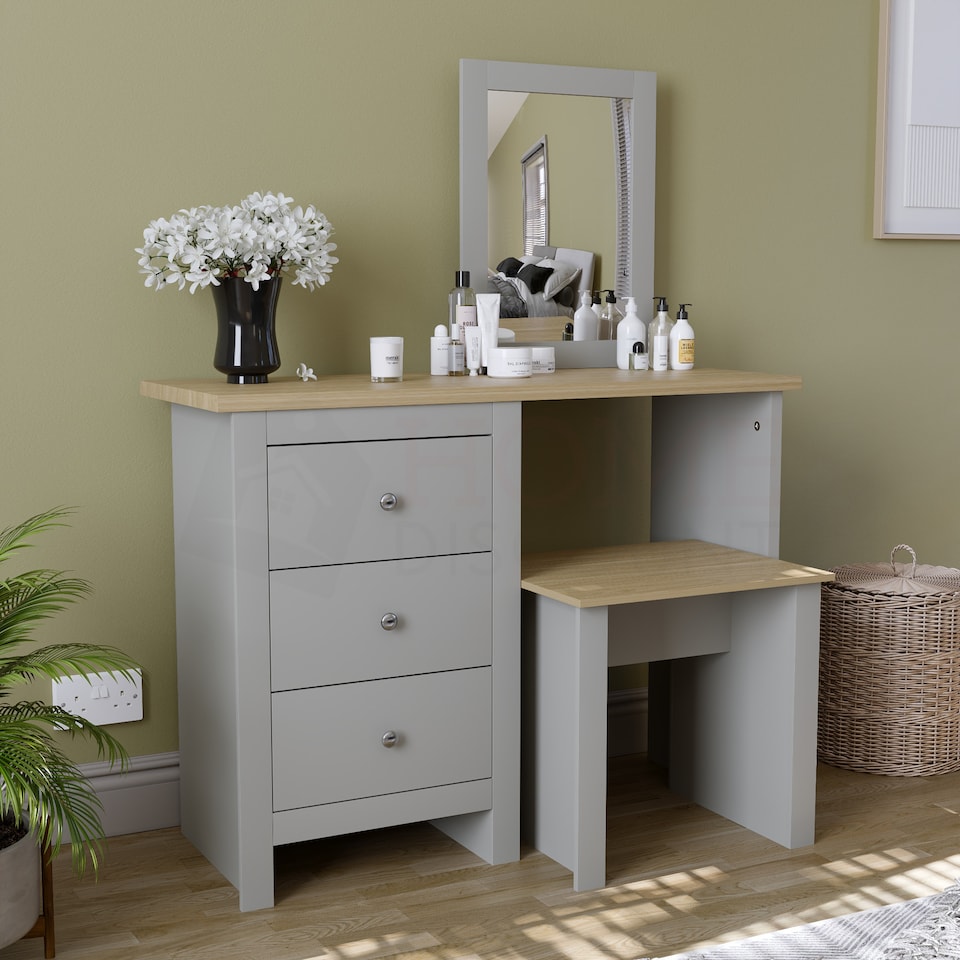 image 1 of Vida Designs Arlington 3 Drawer Dressing Table Mirror & Stool Set Vanity Makeup Desk, Grey & Oak