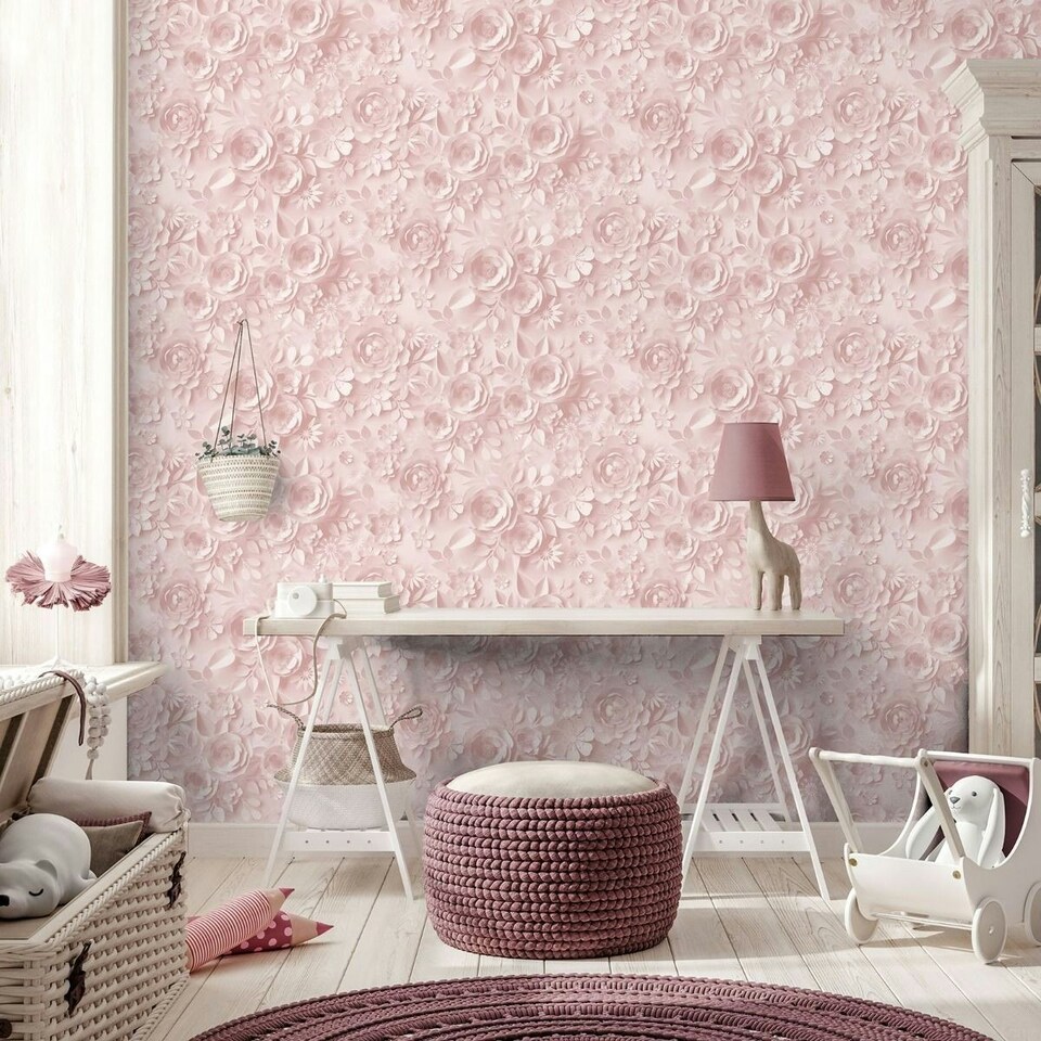 image 1 of Muriva My Kingdom Flowers Textured Wallpaper - Pink - 10m x 53cm Pink