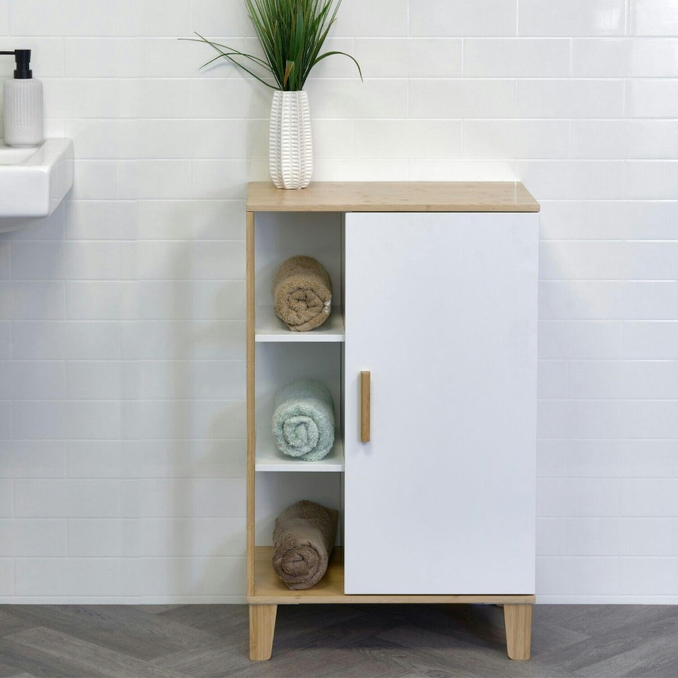 image 1 of Showerdrape Varallo Matt White & Bamboo Floor Bathroom Cabinet with Display Shelves