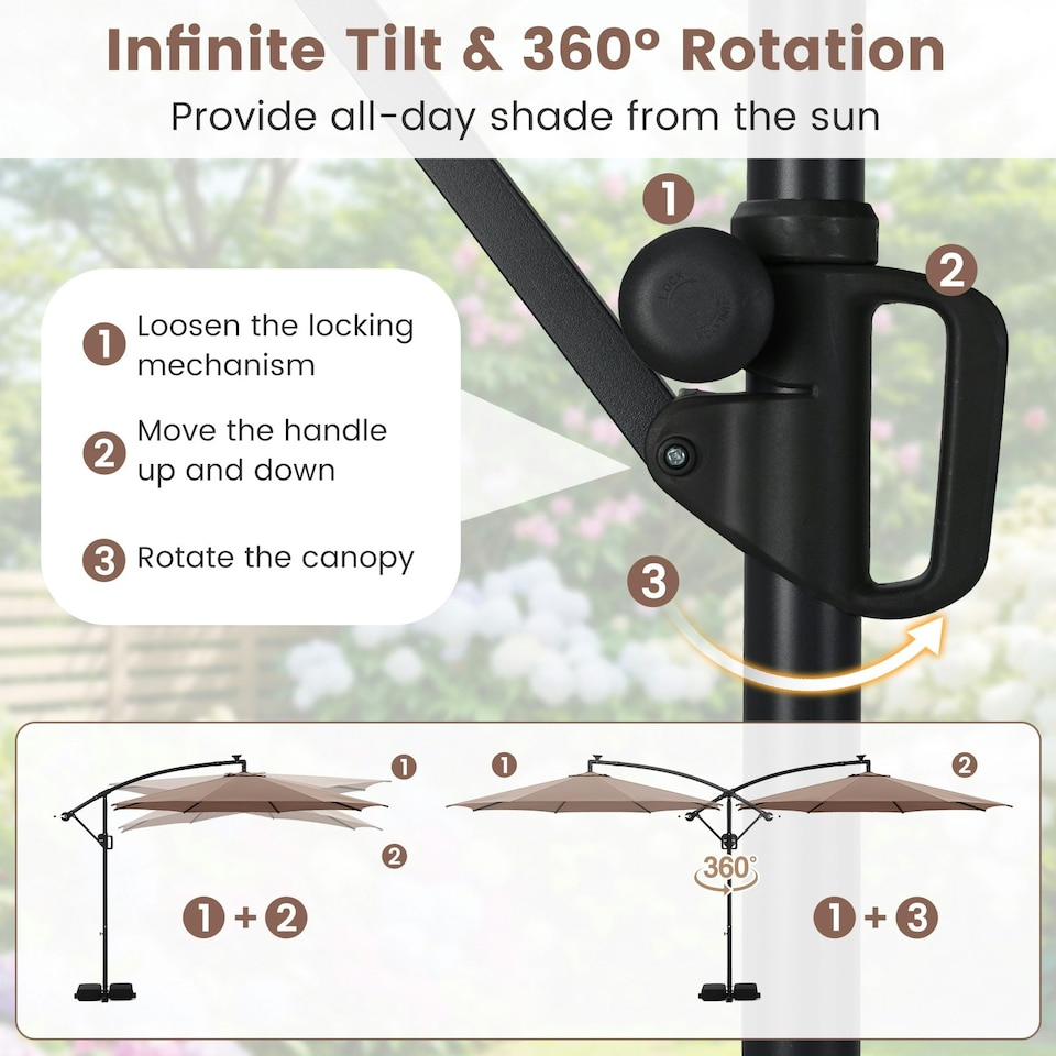 image 1 of COSTWAY 290 cm Solar Offset Hanging Sunshade Parasol Coffee Brown