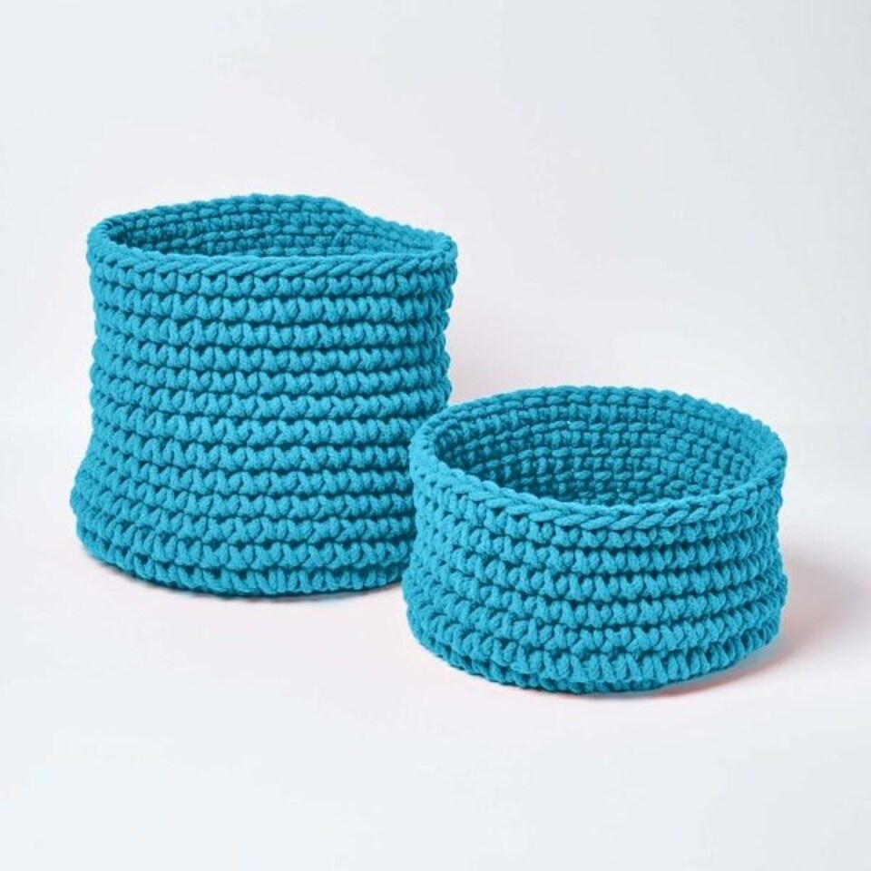 image 1 of Homescapes Teal Blue Cotton Knitted Round Storage Basket - 42 x 37cm | Blue | L