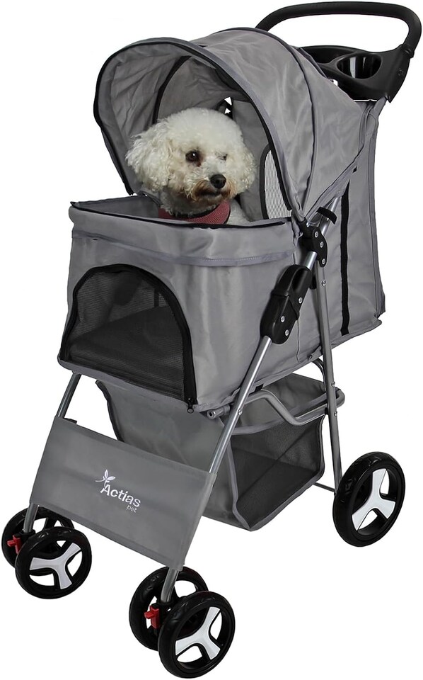 image 1 of Pet Stroller Dog Cat Puppy Pram Pushchair Travel Cart Jogging Buggy Carrier (Grey)