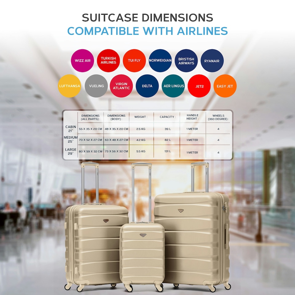 image 1 of Flight Knight Set of 3 Lightweight 4 Wheel ABS Hard Case Suitcases Cabin & Hold Luggage, 100+ Airlines Approved - easyJet, British Airways, Ryanair, Jet2 Cream | Champagne