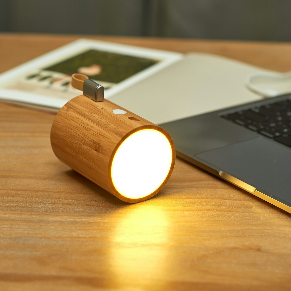 image 1 of Gingko Drum Light Bluetooth Speaker, Bamboo Wood