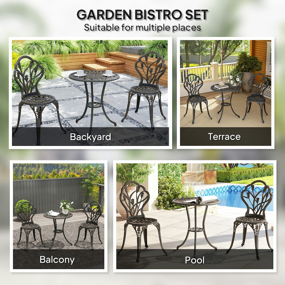 image 1 of Outsunny 3 Piece Bistro Set, Aluminium Garden Furniture with Umbrella Hole