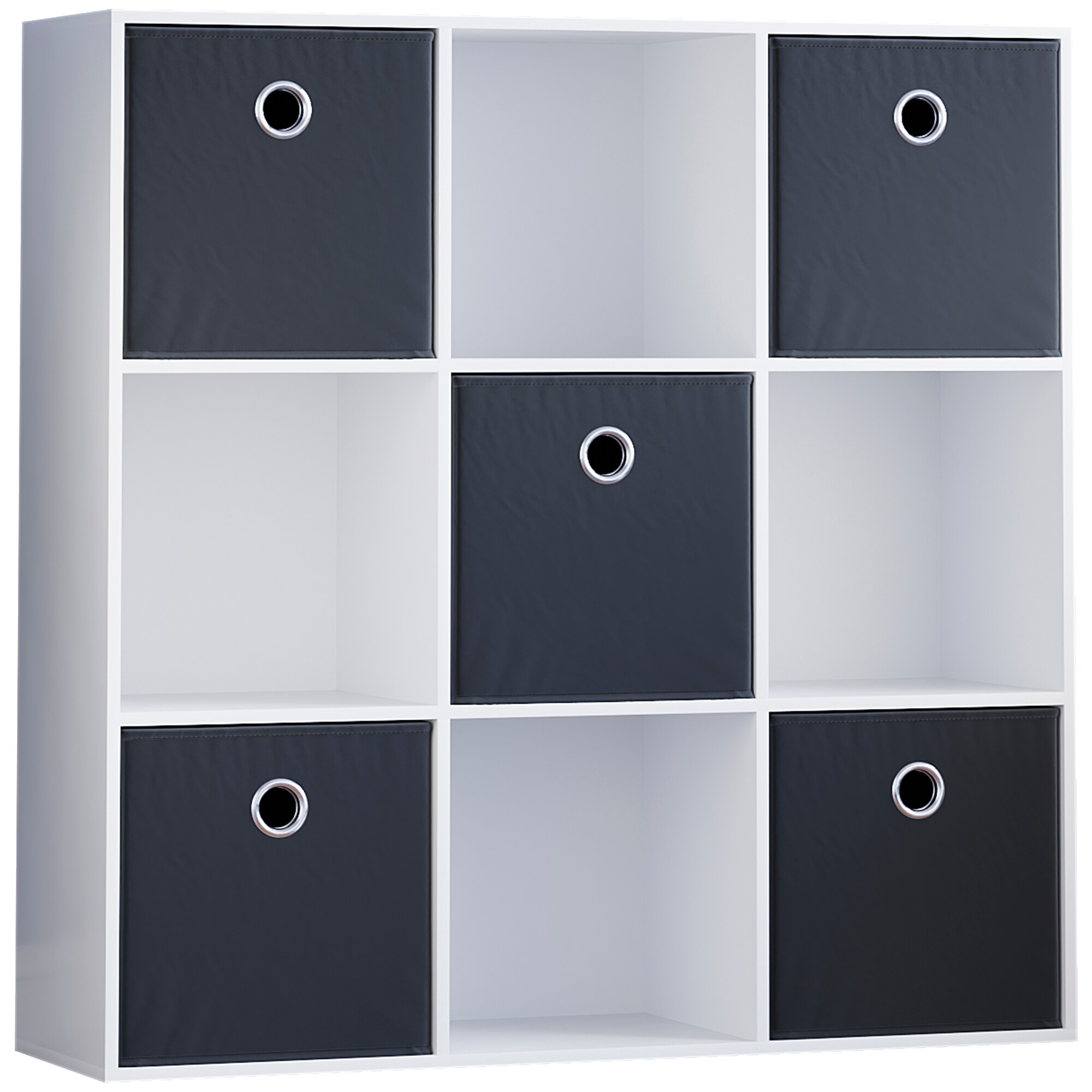 Vida Designs Durham 3x3 Cube Storage Unit, White & Set of 5 Black Cube Storage Baskets