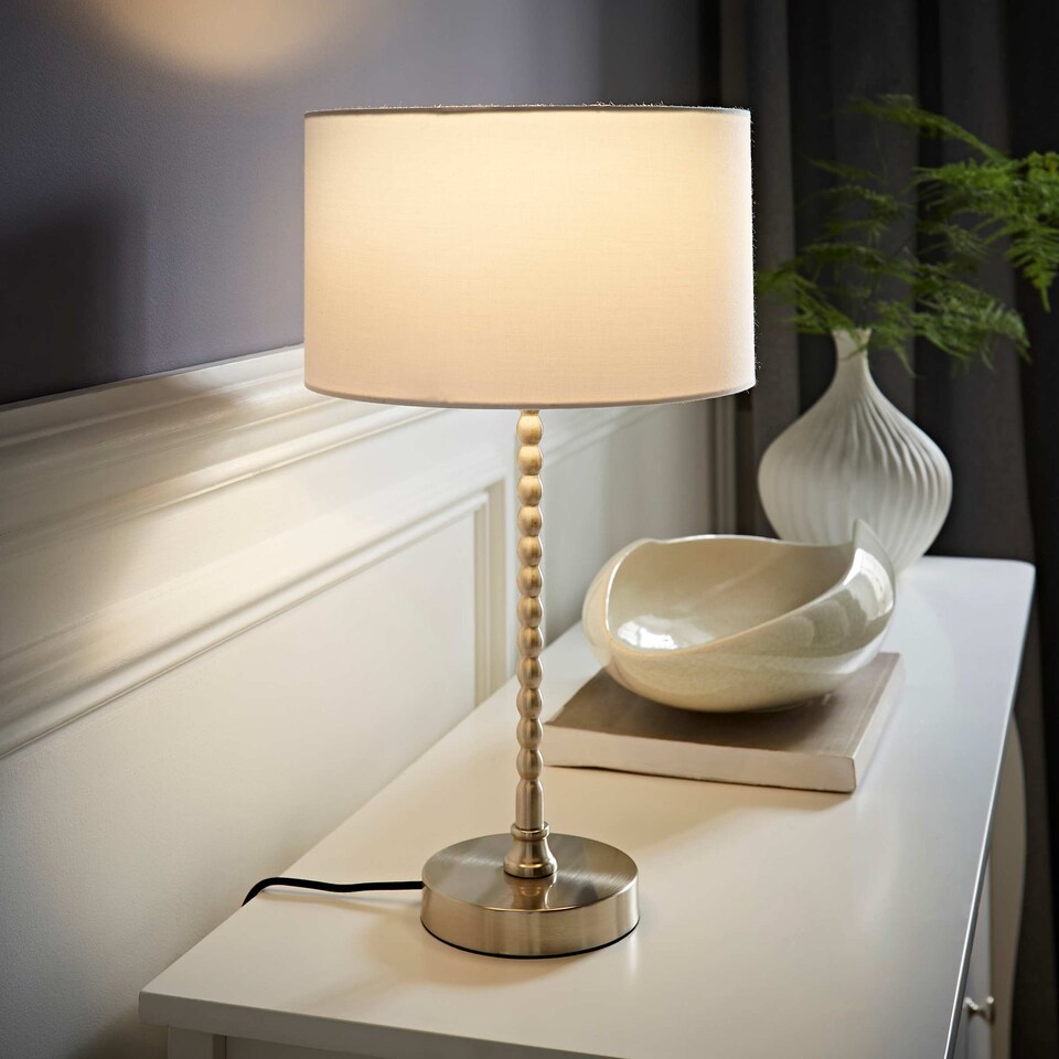 image 1 of ValueLights Maeve White Fabric Drum Lamp Shade Brushed Chrome Bobbin Bobble Table Lamp | Silver
