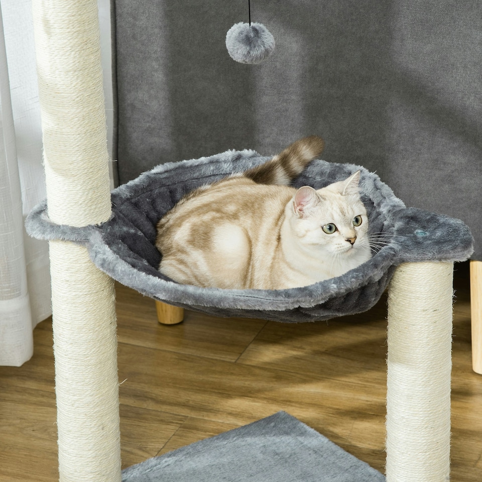 image 1 of PawHut 83cm Cat Tree Tower with Sisal Scratching Post Hammock Toy Grey