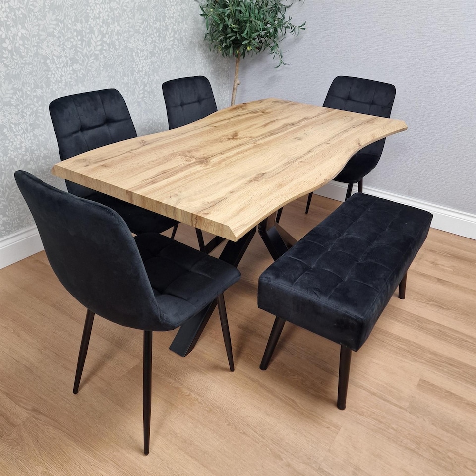 image 1 of Dining Set Of 5 Dining Table Set with 4 black Velvet Chairs And 1 Black Bench Dining Room Furniture