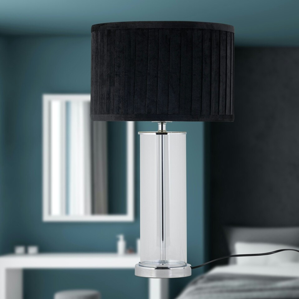 image 1 of Aura - Chrome Table Lamp with Black Pleated Velvet Shade Chrome | Black