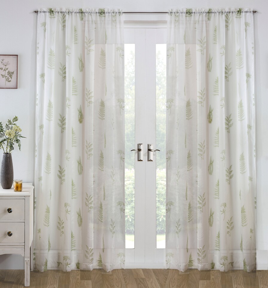 image 1 of Bracken Green Leaf Print Linen-Look Voile Panel - Pair 140 x 137 cm (55x54")